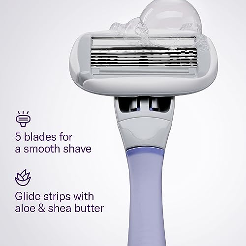 Flamingo Razors for Women, 1 Women's Razor Handle (Lilac), 4 Razor Five-Blade Refills, and 1 Shower Holder