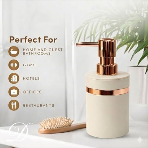 Image of Luxe Home International Rosegold & Ivory Plastic Soap Dispenser for Bathroom and Kitchen Sink Leak Proof Liquid Hand Wash Round Bottle Lightweight Smooth Finish (16x8 cm Rosegold & Ivory) Pack of 1
