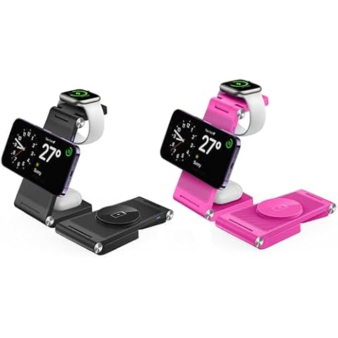 2 Pack GEJIUCAI Magnetic Wireless Charger Foldable 3 in 1 Charging Station for iPhone 15 14 13 12 Series, for Apple Watch 9/8/7/6/5/4/3/2(Black & Rose) Cover