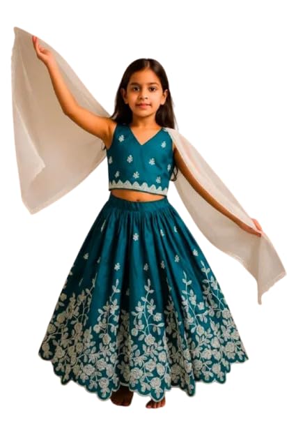 Kids Lehenga Choli, Purple with Silver Floral Embroidery, Traditional Indian Ethnic Wear