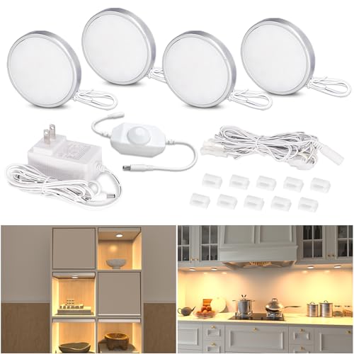 WOBANE Dimmable LED Puck Lights, Under Cabinet Lighting with Switch, Plug in Under Counter Lighting for Shelf, Closet, Cupboard, Bookcase, Display, Super Bright, 2700K Warm White, 4 Pack