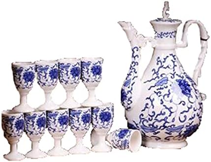Rvvk Blue and White Porcelain Wine Set Ceramic Antique Vintage Gift Box 1x Wine Bottle 10x Cup