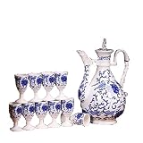 Rvvk Blue and White Porcelain Wine Set Ceramic Antique Vintage Gift Box 1x Wine Bottle 10x Cup