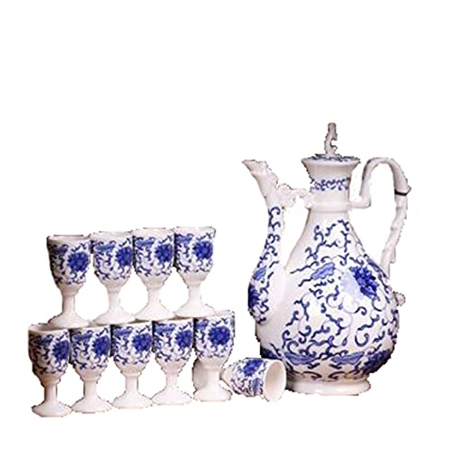 Rvvk Blue And White Porcelain Wine Set Ceramic Antique Vintage Gift Box 1X Wine Bottle 10X Cup #TOP24