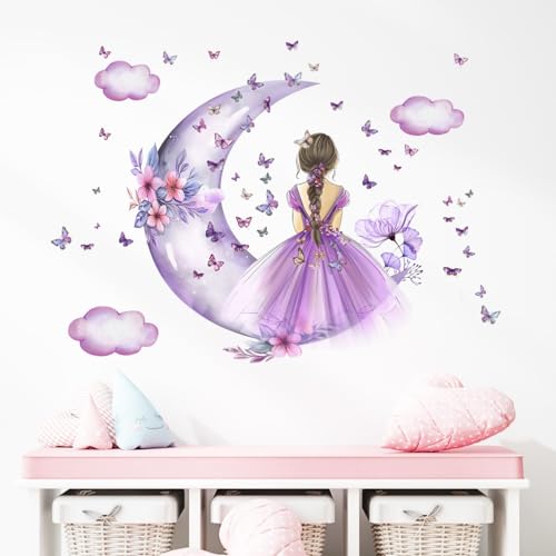 Miniatura 2 de Mariposa Niña Etiqueta De La Pared, Las Nubes De Luna De Hadas De Flores Etiqueta De La Pared, Arte Floral De La Pared Mariposas Arte De La Pared Para Las Niñas Bebé Dormitorio Sala De Juegos-Violeta