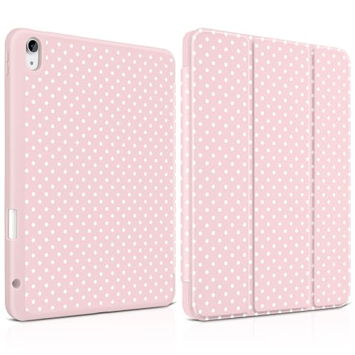 MEEgoodo Case for iPad Air 11 inch (M4) 2026/(M3) 2025/(M2) 2024, Cover for iPad Air 5th Generation/iPad Air 4th Generation 10.9 inch 2022 2020, Tablet Cases with Pencil Holder, White Polka Dot & Pink