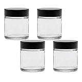 4 Glastiegel ( inklusive 4 Etiketten zum Beschriften ) aus Klarglas in Apothekerqualität, für Cremes, Salben, Gewuerze, etc. Mit schwarzem Schraubverschluss aus Bakelit