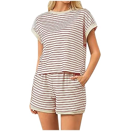 Pijama Algodon Mujer Manga Corta - Conjunto De 2 Piezas De Verano para Mujer Camisetas De Manga Corta A Rayas Minipantalones Cortos Conjunto De Pijama Acanalado Pijamas Mujer Coralina