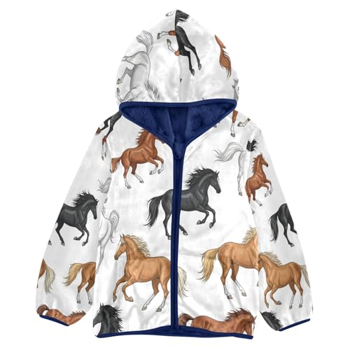 Horse Running Pattern Prints Toddler Fleece Jacket Girl Boys Hooded Fleece Jacket Coat Warm Outwear Zip-up 3-10T