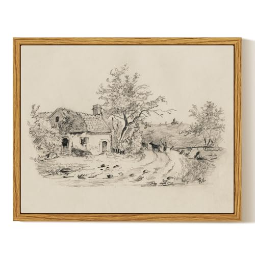 InSimSea Framed Canvas Wall Art, Sketch Landscape Picture, Rustic Neutral Beige Decor for Hallway Shelf,10x8in, Small Size