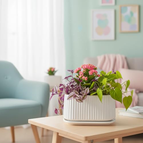 Image of Xtore Elegant Ribbed Oval Planter Pot with Drain Tray for Indoor & Outdoor Plants | Minimal Modern Flower Pot (White, 23.5 cm) (Planter only)