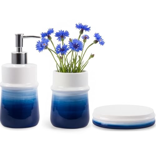 Image of Blue Bathroom Accessories 3 Pcs, Ceramic Bathroom Accessory Set, Navy Blue Bathroom Set Include Dispenser,Soap Dish and Vase, Modern Bathroom Decor
