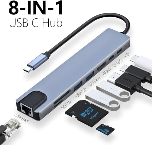 Image of USB-C Hub /Docking Station(8-in-1) with 4K 30Hz HDMI, 100 Mbps Ethernet, USB 3.0, microSD /SD Card Reader, Type-C Data, PD Charging, USB 2.0, Type-C Plug for Laptop, Mac, PC (8-in-1)
