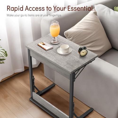 Tatub 24" Folding C Shaped End Table Set of 2, Small Sofa Side Laptop Desk, Couch TV Tray Table for Living Room, Bedroom, Light Ivory - Thumbnail 5