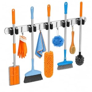 Broom and Mop Holder Wall Mount Broom Hanger, 5 Racks 4 Hooks