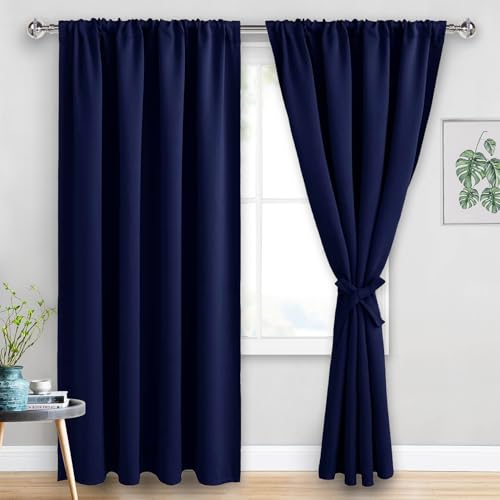 JIUZHEN Blackout Curtains for Bedroom - 60 Inch Extra Wide Thermal Insulated Room Darkening Privacy Soundproof Curtains for Living Room, Set of 2 Panels with Tiebacks, 60 x 84 inches, Navy Blue