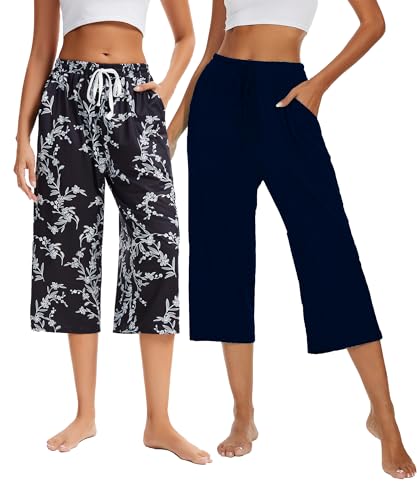 Image of Kabento 2 Pack Womens Pajama Pants Capri Sleep Lounge Pants Drawstring Pj Bottoms with Pockets