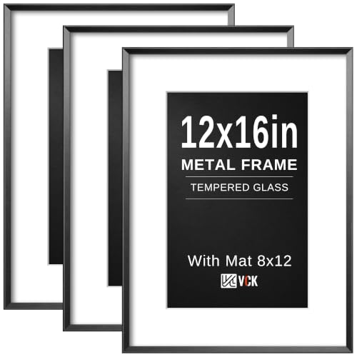 Image of VCK 12X16 Aluminum Black Picture Frames with Real High Definition Glass, 3 Pack Metal Poster Frame with Mat for 8x12 Picture or 12x16 without Mat