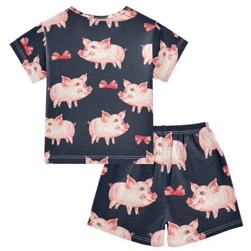Pajama Short Sets Watercolor Cute Piggy Soft Cotton Summer Sleepwear 2 Piece PJS Size 5-14T2