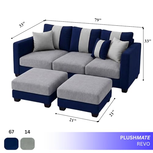 Image of Revo 5 Seater L Shape Sofa Set with 2 Movable Ottomans | Flexible Layout | Luxury Velvet Suede Fabric | Modern Living Room Sofa | Dark Blue-Light Grey