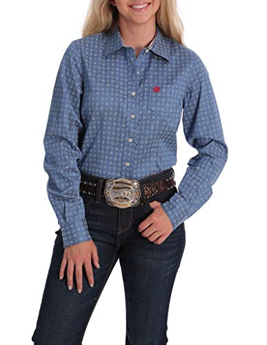 Cinch Women's Blue Tile Print Tencel Button Core Long Sleeve Western Shirt Blue Medium