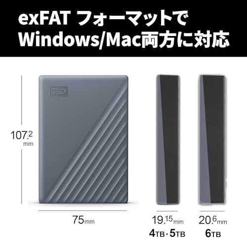 ウエスタンデジタル(Western Digital) WD ポータブルHDD 6TB USB3.0 グレー My Passport USB-C USB-C&USB-A両対応 暗号化 パスワード保護 外付けハードディスク WDBY3J0060BGY-WESN の商品画像 2