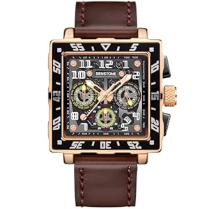 Square Watch for Men with Leather Strap Multifunction Chronograph Dial Analog Quartz Wristwatch Business Dress Watch with Luminous Waterproof Calendar