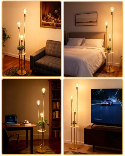 Image of Lightdot Gold Floor Lamp for Living Room Dimmable Vintage Floor Lamp with Shelf & E26 Bulbs Included Mid Century Standing Lamp Tall Lamp with 5Lbs Heavy Base for Bedroom /Sofa Beside /Corner Decor