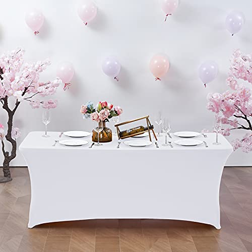 Cwk 6Ft Stretch Spandex Table Cover For Rectangular Fitted Folding Tables, Wrinkle Resistant, Elastic Stretchable Patio Tablecloth Protector For Party, Banquet, Wedding And Events (White) #TOP1