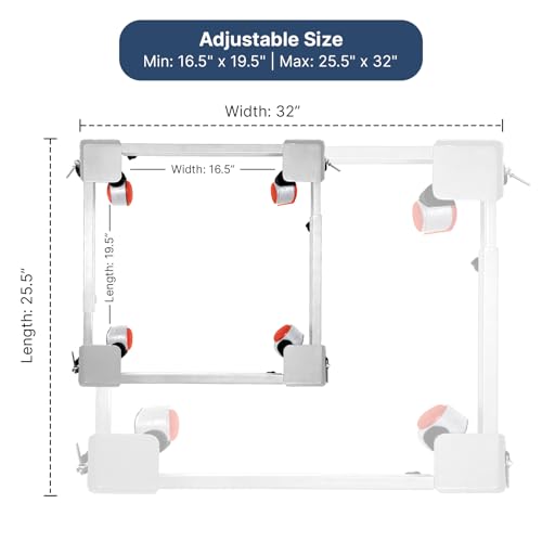 Image of Smart Shelter Washing Machine Trolley for Fully and Semi Automatic, Front or Top Load, Fridge and Dishwasher Stand, Adjustable Metal and Wheels, Capacity 250Kg, White (Min: 17 inchx17 inch, Max: 27 inchx29 inch)
