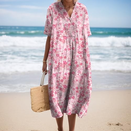 Akivide Womens Summer Oversized Boho Floral Print V Neck Midi Dress Loose Casual Long Dresses with Pockets2