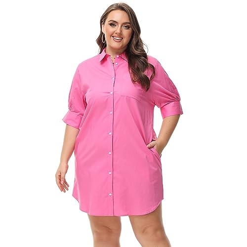 MCEDAR Women's Oversized Short-Sleeve Shirt Dress Plus Size Casual Button Shirt  Dress with Pockets Solid Stripe (S-4X) Hot Pink 11903-4X at Amazon Women's  Clothing store