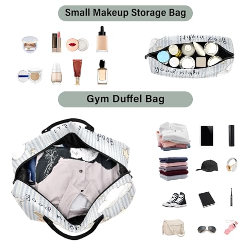 Weekender Bags Travel Duffel Gym Bag Cute Cartoon Vector Illustration Of Sheep Jumping over The Fence with Good Night! Write It in A Sim Carry on Overnight Tote Bag with Toiletry Bag for Airplane Tra4