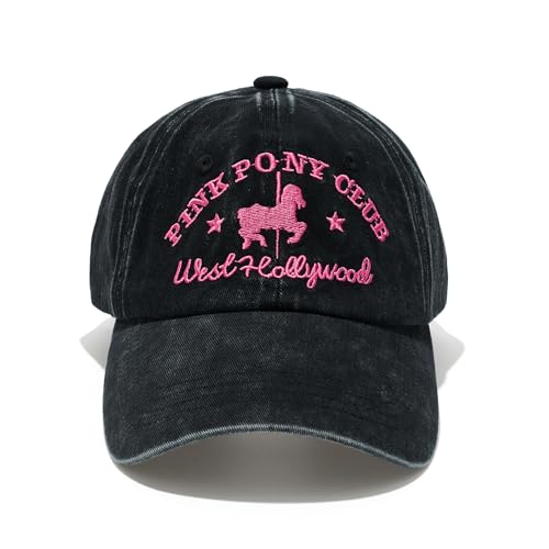 Pink Pony Club Embroidered Trucker Hat Women Baseball Cap Adjustable Cotton dad hat. (US Numeric 7 3/8 Black)