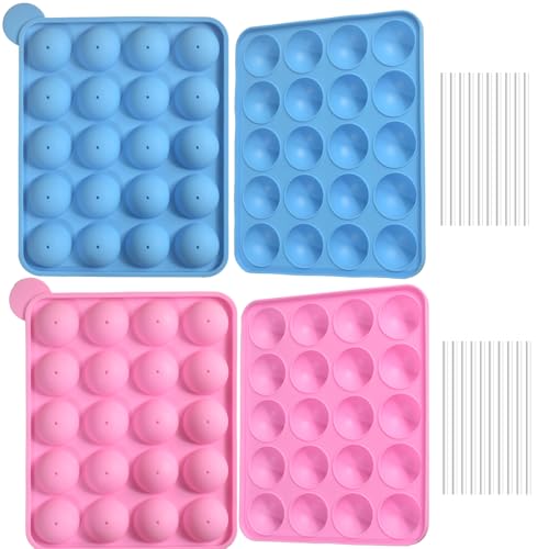 Newk Lot de 4 moules à cake pops en silicone, 2 roses et 2 bleus, anti-adhésifs, en silicone de qualité alimentaire pour pâtisserie, bonbons et friandises DIY