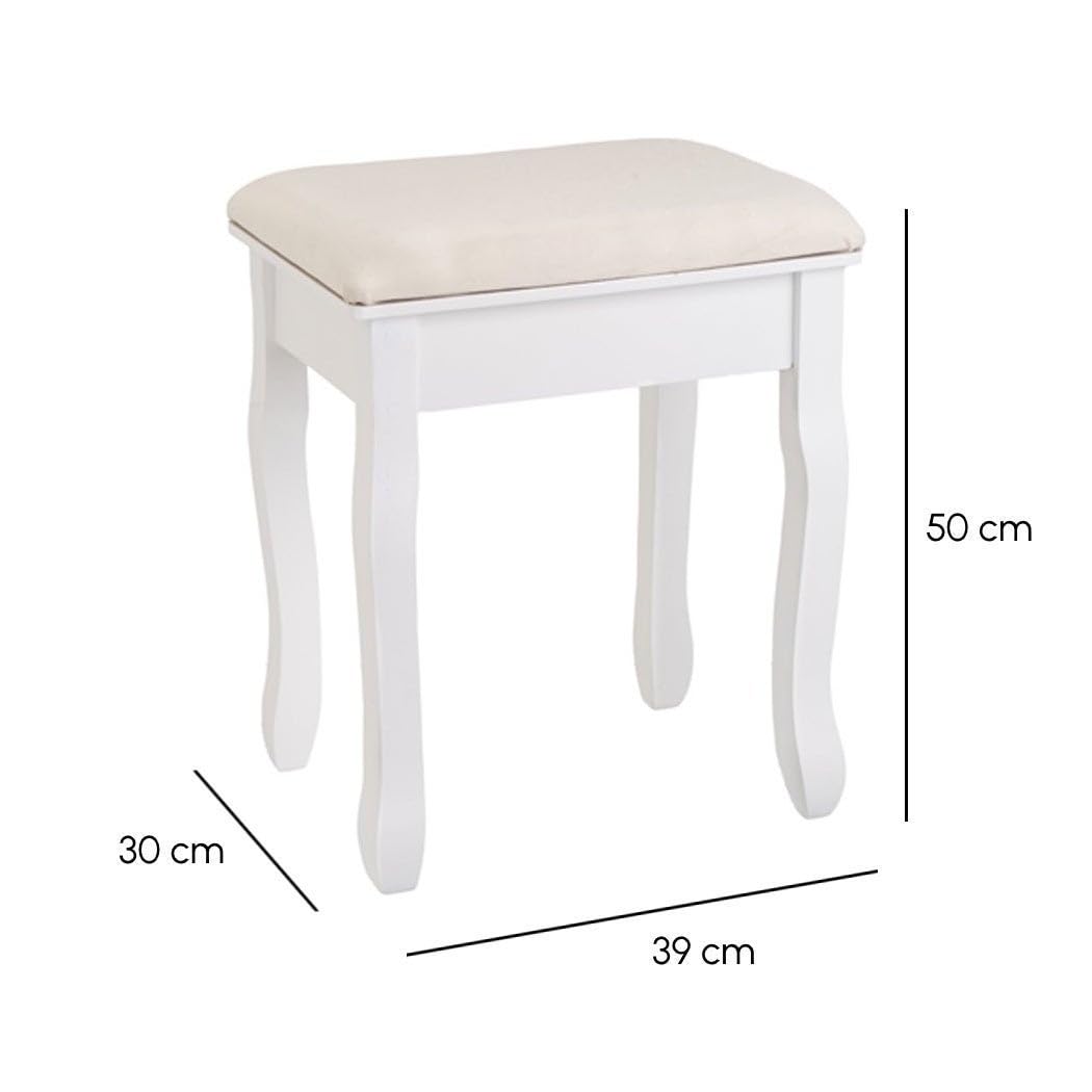 LOLAhome Banqueta de Tocador Blanca con Asiento Tapizado, Madera de Paulonia 50x30x39 cm, Estilo Clásico, Taburete para Dormitorio y Maquillaje