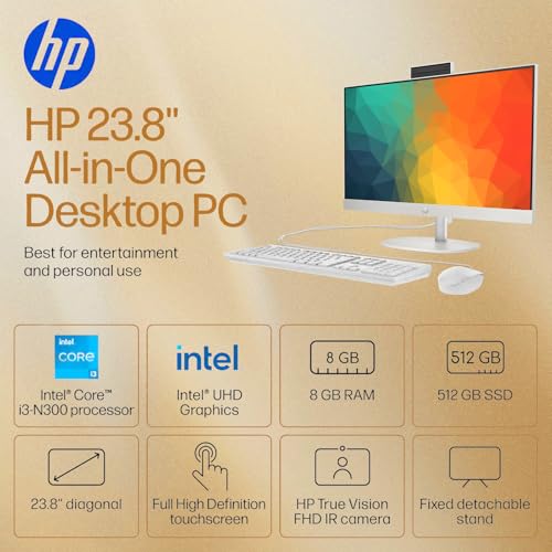 Image of HP 24 inch All-in-One Desktop Computer, FHD IPS Display, Touch Screen, Intel Core i3, 8GB DDR4, 512GB SSD, Intel UHD Graphics, HDMI, USB-C /A, RJ45, Keyboard & Mouse, Anti-Glare, WiFi6, Win 11 Pro