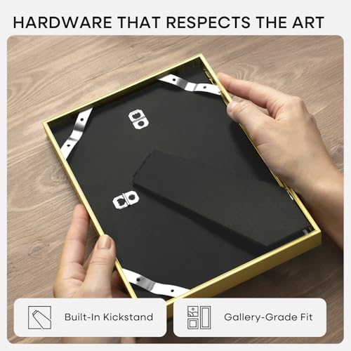 Image of Homeforia 10x10 Gold Picture Frame, High-End Metal, 8x8 Mat, Glass | High End Aluminum, Tempered Glass, Acid-Free 8x8 Removable Mat, 10x10 in Edge-to-Edge Display 10x10, Wall Kit, Set Of 4