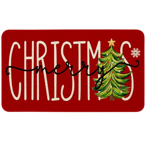 Ideasonna Red Merry Christmas Front Welcome Door Mat Indoor Outdoor Entrance Xmas Tree Holiday Door Mats Outside Entrance Christmas Porch Mat Doormat Outdoor Mats for Front Door 17x30