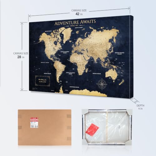 Image of IPIC Vintage Teal World Travel Map with Pins, World Map Pin Board, 42x28 in