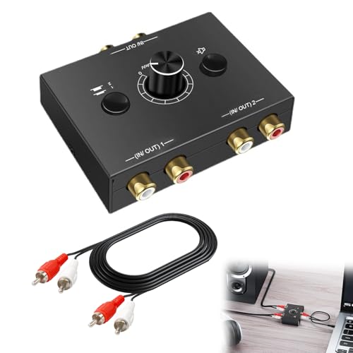 Conmutador de audio RCA bidireccional con control de volumen analógico y botón mute negro