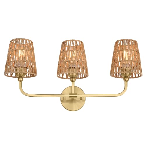 Image of 3-Light Bathroom Light Fixtures, Brushed Gold Rattan Vanity Lights with Flared Handwoven Shade, Boho Wall Sconce, Farmhouse Sconces Wall Lighting for Hallway Bedroom, VL837-BG-RA-3