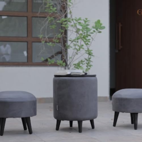 Image of Wooden Ottoman Stool Combo /Bundle for Sitting with Wooden Legs | Round Bench Coffee /Side /End Table for Living Room Furniture Home Dressing Decor - Storage Cum Seating Box (16-in Grey) 03-Pc