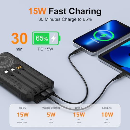 Solar Power Bank 20000mAh Wireless Portable Charger Built-in 3 Cables 15W USB-C Fast Charging Battery Pack Compatible with iPhone, Samsung, iPad, Emergency LED Flashlights Perfect for Camping, Hiking - Image 4