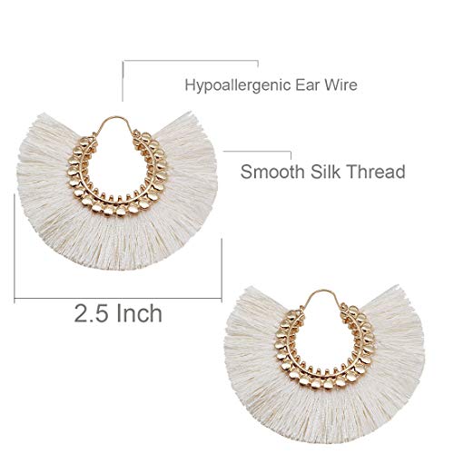Tassel Hoop Earring, Statement Thread Dangle Earrings Stylish Long Fringe Drop Earrings Lightweight Long Swingy French Hook Earrings For Women Girls (White 1) #TOP3