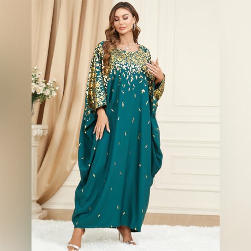 Image of OBEEII Muslim Dress for Women Loose Batwing Sleeved Hooded Beaded Embroidery Long Abaya Dress Kaftan Abayas Islamic Robe