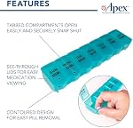 Apex 7 Day Bubble Lok Weekly Pill Organizer, Weekly Pill Organizer, Daily, Easy-Open, See-Through Lids, Organize Medication or Vitamins, Green