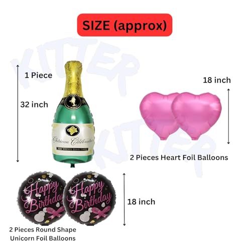 Image of KITTER Champagne Foil Balloons for Birthday - 5 pc Set with Big 32 inch Champagne Bottle for Decoration | Birthday Decoration Items for Men | Cheers Foil Balloon for Husband Wife |Party Decor for Men