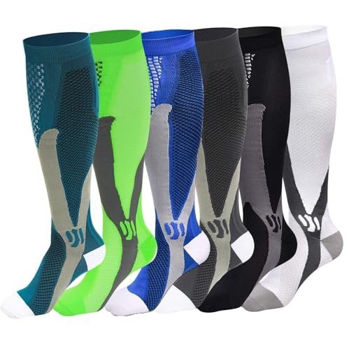 Miavogo 6 Paar Kompressionsstrümpfe für Damen und Herren, Stützstrümpfe mit Elastisch, Compression Socks Herren, Geeignet für Sport, Reisen, Fitness（L/XL）