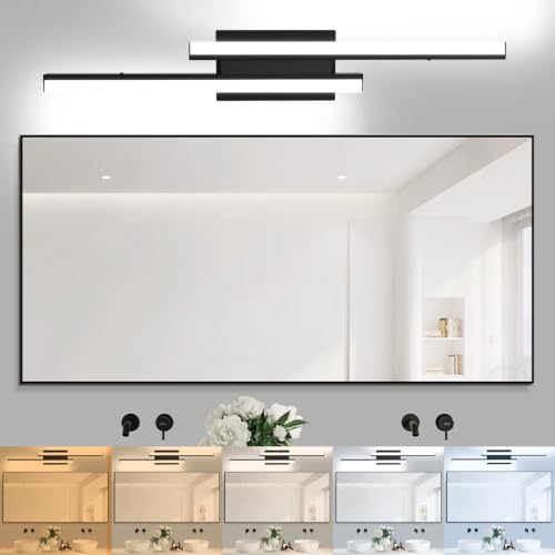 Image of Modern Bathroom Light Fixtures Over Mirror: ETL Certified 32-Inch Retractable Black LED Vanity Light Bar for Bathroom, 5CCT Optional Dimmable 2780LM 34W IP44 - Wall Light Fixture(1 Pack)